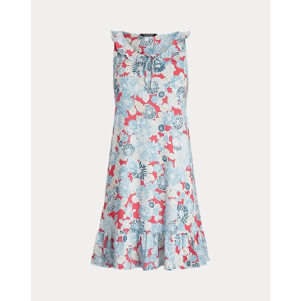 Lauren Ralph Lauren Women Cotton Dress Blue Pink Floral Ruffle Neck Mini Preppy